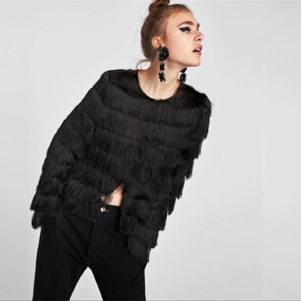 ✨️Zara Black Silky Tassel Fringe Open Jacket Size Medium✨️